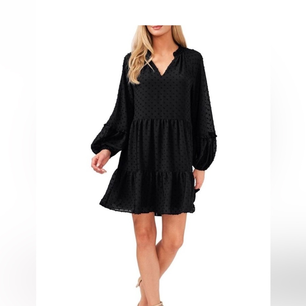 CeCe Clip Dot Ruffle Shift Dress, Balloon Sleeve, Black, Size L